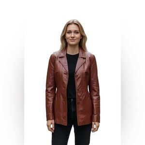 VTG 100% Leather Short Trench Coat Sz 9/10 Burgundy Zip Out Lining Pockets Retro